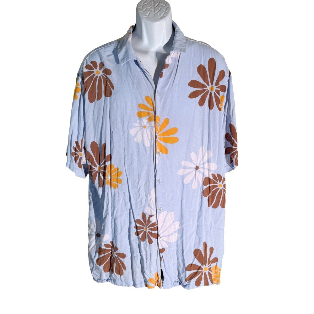 NO BOUNDARIES Men's Short Sleeve Button Down Flower Shirt‎ Blue 2XL